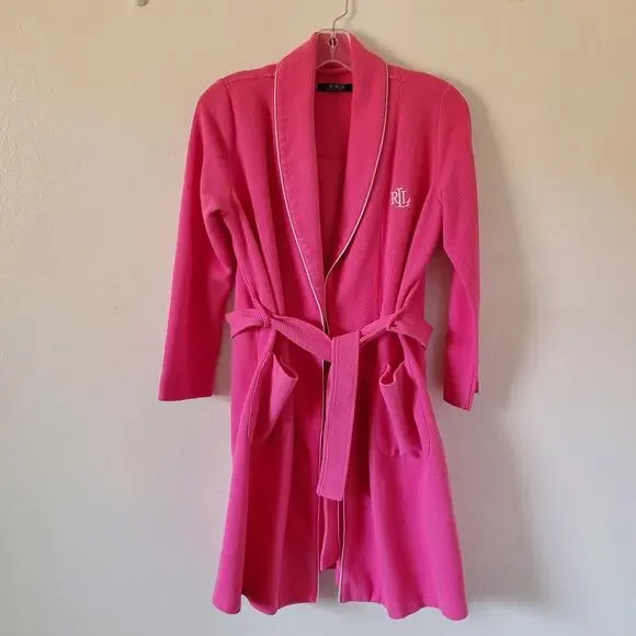 Lauren Ralph Lauren Robe Womens S Pink Waffle Weave Pockets Belt Bathrobe LRL - Picture 11 of 15
